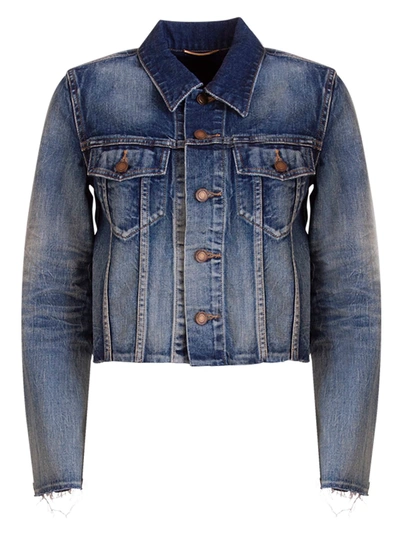 Shop Saint Laurent Cropped Denim Jacket In Blu