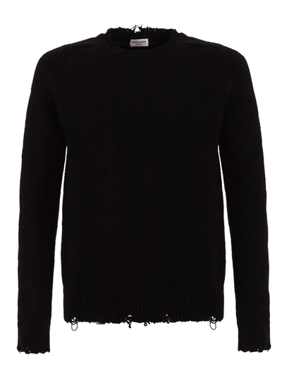 Shop Saint Laurent Destroyed Knit Sweater In Nero