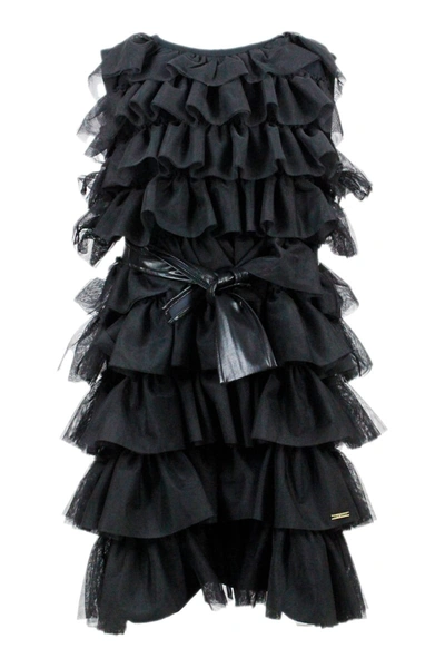 Shop Liu •jo Sleeveless Round Neck Dress With Tulle Flounces In Black