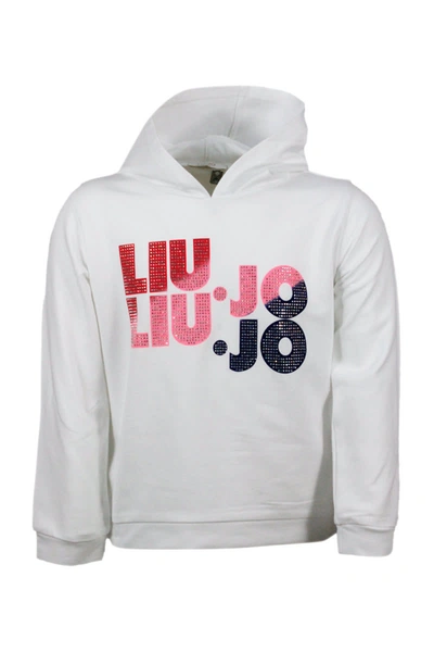 Shop Liu •jo Crewneck Sweatshirt With Hood And Rhinestone Writing In White