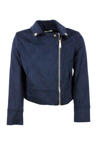 Shop Liu •jo Alcantara Nail Jacket With Zip And Golden Buttons In Blu
