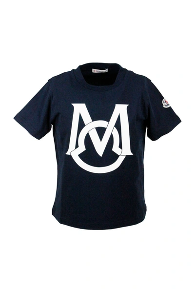 Shop Moncler Short Sleeve Crew Neck T-shirt With Logo On The Chest In Blu