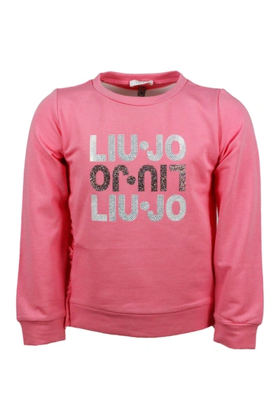 Shop Liu •jo Crewneck Sweatshirt With Rhinestone Writing In Pink