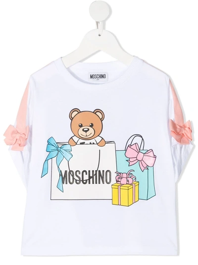 Shop Moschino Jersey T-shirt With Bows And Teddy Bear Print In White