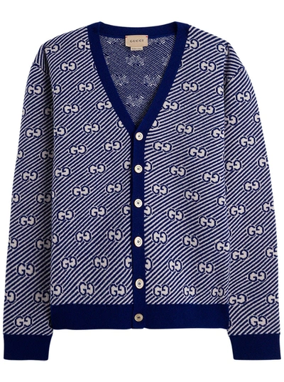 Shop Gucci Gg Jacqurd Cardigan In Blue Wool