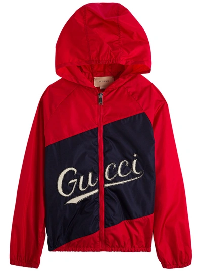 Shop Gucci Red And Blue Nylon Jacket With Logo