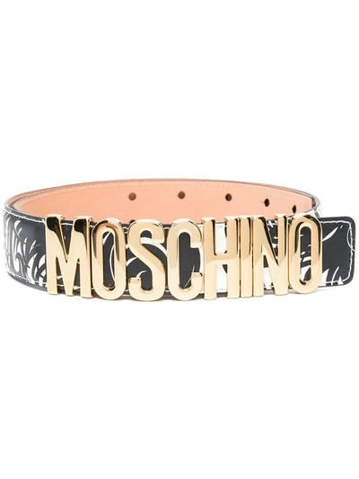 Shop Moschino Feather-print Logo-lettering Belt In Black