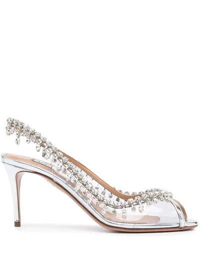 Shop Aquazzura Embellished-trim Open-toe Pumps In Silver