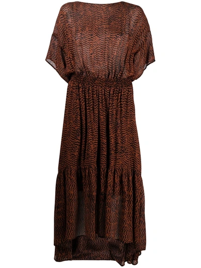 Shop 8pm Zizag-print Gathered Midi Dress In Brown