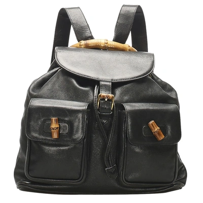 Pre-owned Gucci Black Bamboo Drawstring Leather Backpack