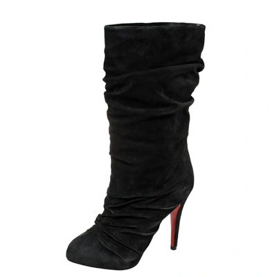 Pre-owned Christian Louboutin Black Pleated Suede Prios Mid Calf Boots Size 36