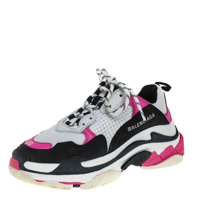 Pre-owned Balenciaga White/pink Leather And Mesh Triple S Low Top Sneaker Size 38