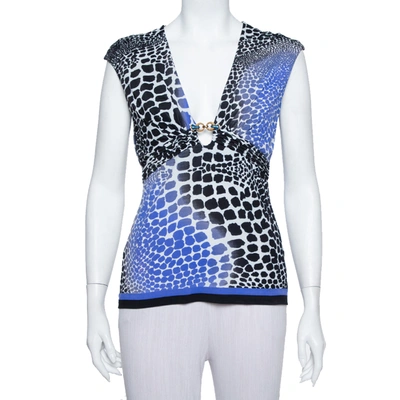 Pre-owned Roberto Cavalli Blue & Black Knit Animal Print Plunge Neck Top M