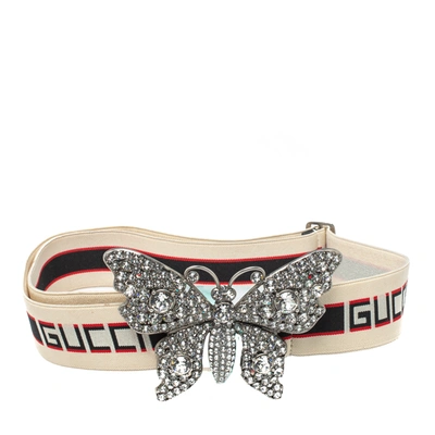 Pre-owned Gucci White Elastic Band Crystal Embellished Butterfly Buckle Belt 90 Cm