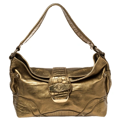 Pre-owned Just Cavalli Metallic Gold Lizard And Croc Embossed Leather Hobo