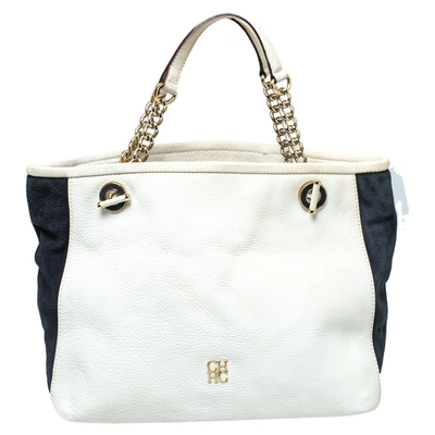 Pre-owned Ch Carolina Herrera Carolina Herrera White/blue Textured Leather And Suede Tote