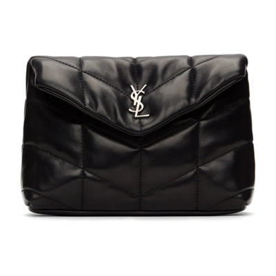 Saint Laurent Black Loulou Puffer Small Pouch Chevron Quilted Clutch Bag