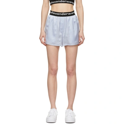 Shop Alexander Wang T Blue Silk Logo Elastic Shorts In 454 Xenon Blue