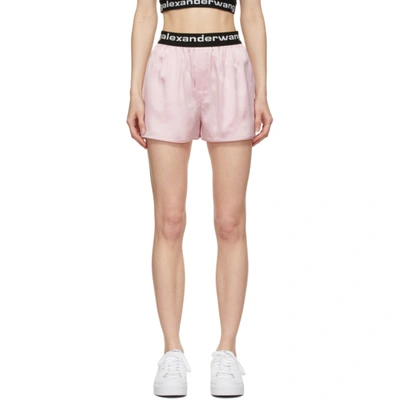 Shop Alexander Wang T Pink Silk Logo Elastic Shorts In 682 Cradle Pink