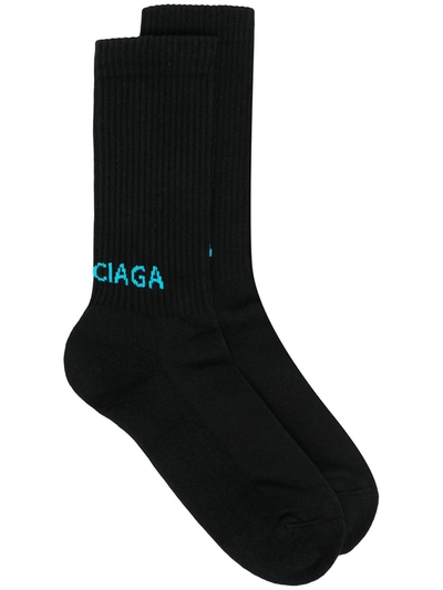 Shop Balenciaga Ribbed Logo Socks In Black