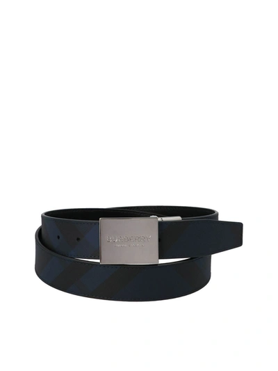 Shop Burberry Reversible Checkered Belt In Blue And Black In Multicolour