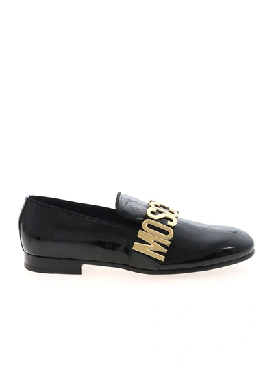 Shop Moschino Lettering Logo Patent Leather Black Loafers