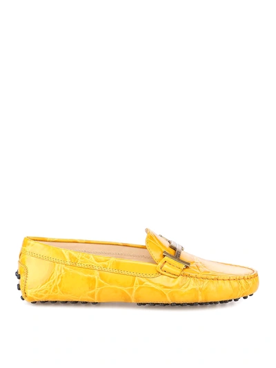 Shop Tod's Croco Printed Leather Gommino Loafers In Yellow