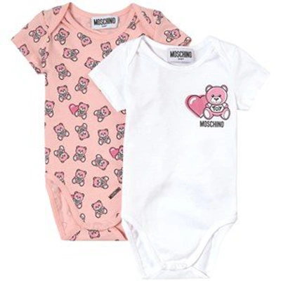 Shop Moschino 2-pack Pink Logo Print Baby Body Set In Cream
