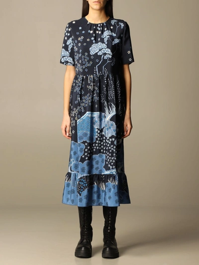 Shop Red Valentino Dress  Midi Dress In Floral Patterned Silk In Blue