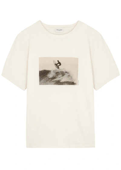 Shop Saint Laurent Off-white Printed Cotton T-shirt In Ecru