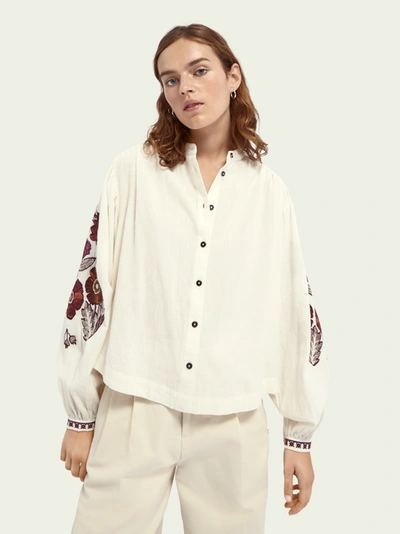 Shop Scotch & Soda Voluminous Sleeved Embroidered Top In White