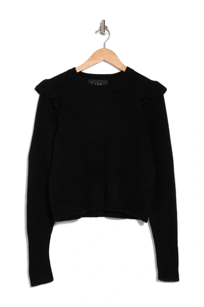 Shop Nicole Miller Jewel Neck Ruffled Pullover Cashmere Sweater In Black