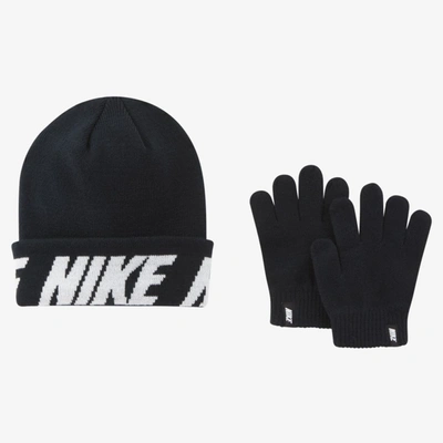 Shop Nike Big Kids' Beanie And Gloves Set In Black,white
