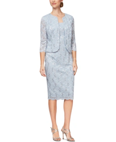Shop Alex Evenings Allover-lace Shift Dress & Jacket In Hydrangea Blue