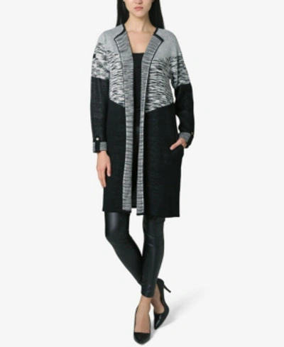 Shop Adrienne Vittadini Jacquard In Block Chevron Pattern With Spacedye Coatigan In Gray Heather, Black, Gray