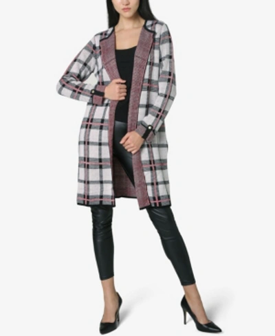 Shop Adrienne Vittadini Jacquard Windowpane Plaid With Fringe Open Cardigan In White, Black, Red