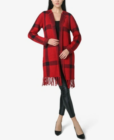 Shop Adrienne Vittadini Jacquard Windowpane Plaid With Fringe Open Cardigan In Jester Red, Jet Black