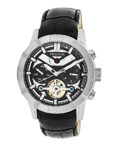 Shop Heritor Automatic Black Dial, Silver Case, Genuine Black Leather Watch 44mm