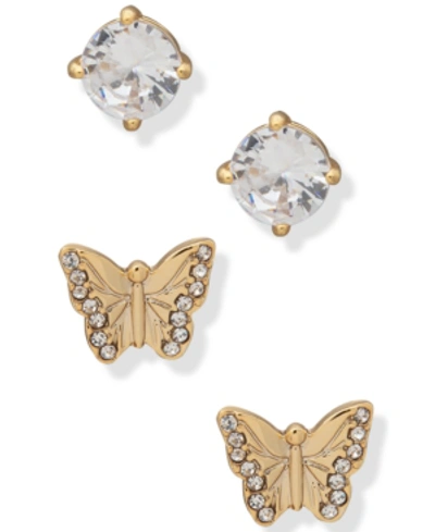 Shop Dkny Gold-tone 2-pc. Set Crystal Butterfly Stud Earrings