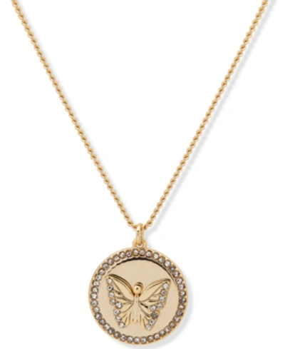 Dkny Gold-tone Pave Butterfly Pendant Necklace, 16" + 3" Extender In Gold