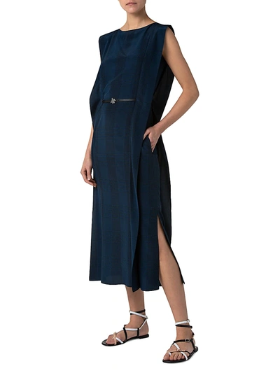 Shop Akris Silk Crêpe Check Belted Midi Dress In Deep Blue