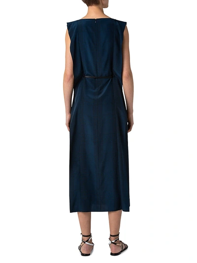 Shop Akris Silk Crêpe Check Belted Midi Dress In Deep Blue