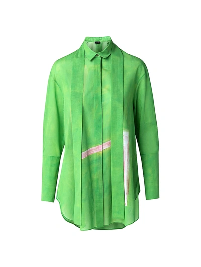 Shop Akris Tie-neck Brushstroke-print Tunic Blouse In Pure Green