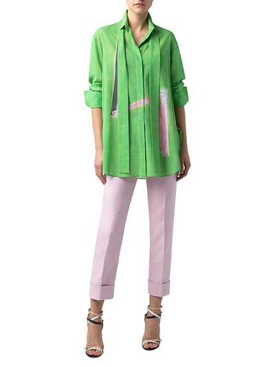 Shop Akris Tie-neck Brushstroke-print Tunic Blouse In Pure Green