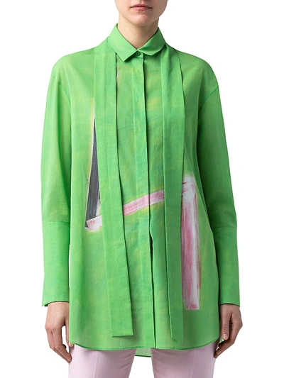 Shop Akris Tie-neck Brushstroke-print Tunic Blouse In Pure Green