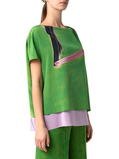 Shop Akris Silk Cr Pe Underlayer Boatneck Blouse In Pure Green