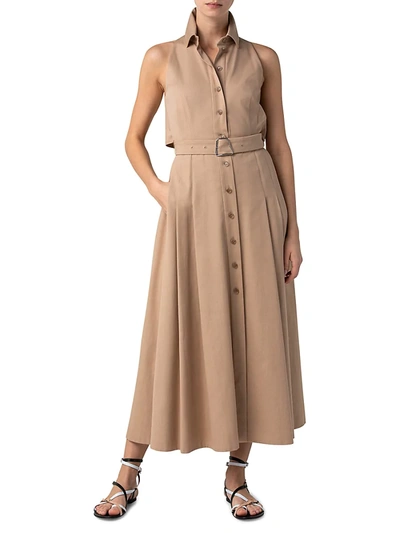 Shop Akris Sleeveless Collared Poplin Belted Midi Dress In Cardboard