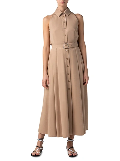 Shop Akris Sleeveless Collared Poplin Belted Midi Dress In Cardboard