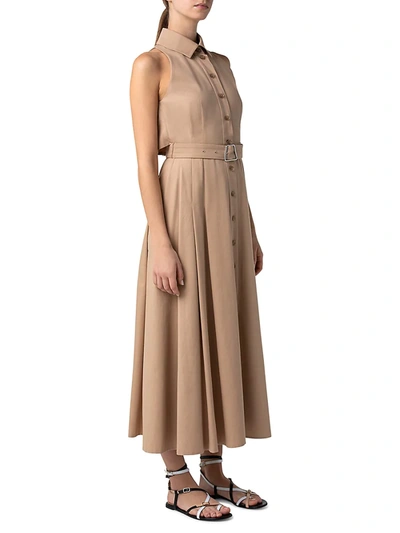 Shop Akris Sleeveless Collared Poplin Belted Midi Dress In Cardboard