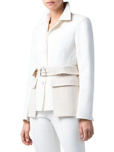 Shop Akris Narino Bi-color Belted Flap Pocket Jacket In Ecru Beige